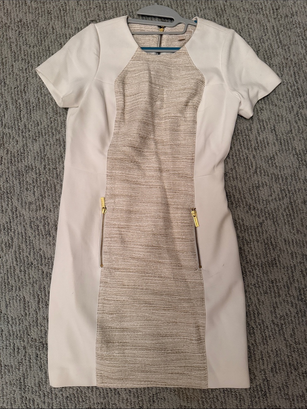 Michael Kors White Shift Dress with Beige Center Panel and Gold Zippers